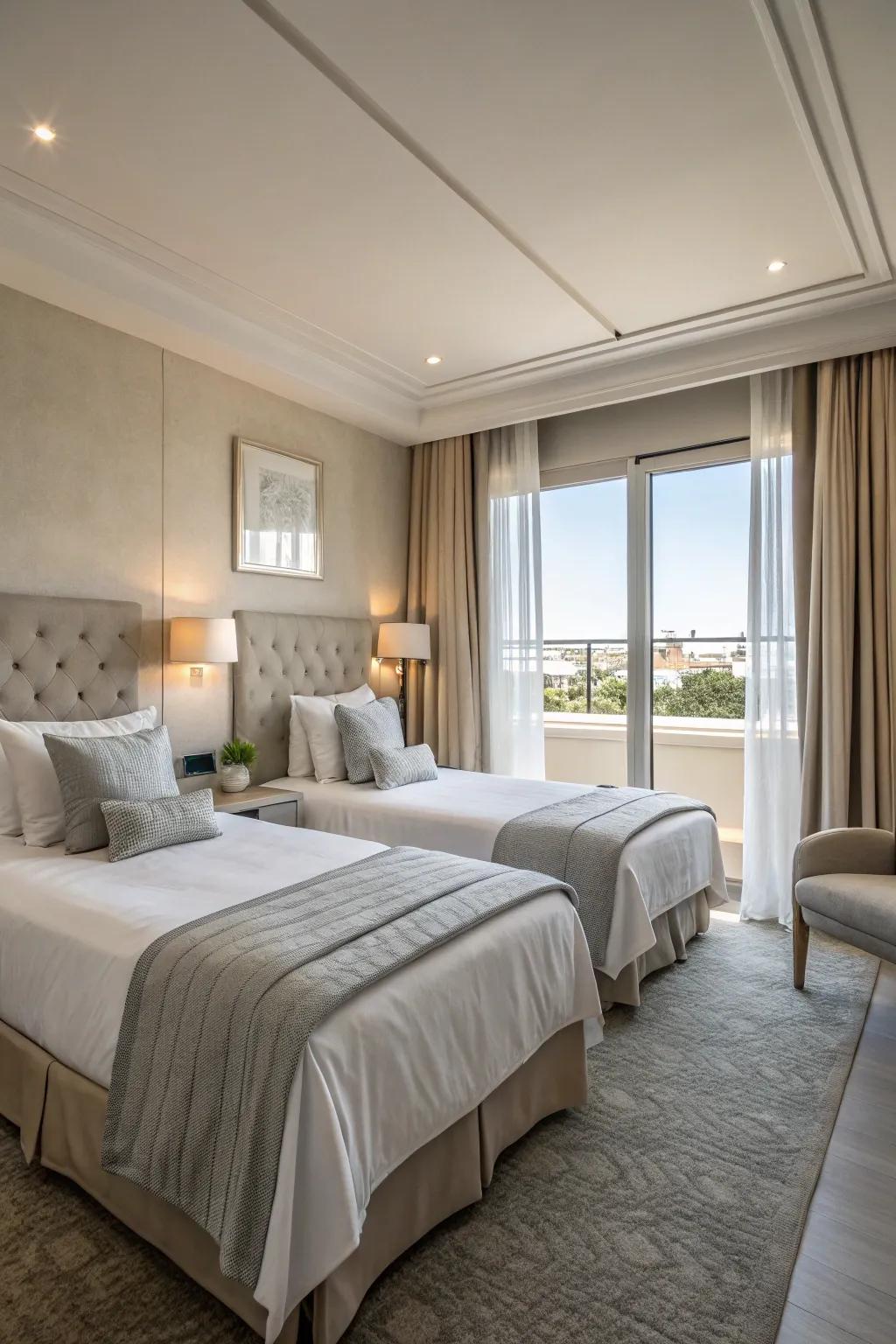 Neutral palettes bring calmness and versatility to twin bed setups.