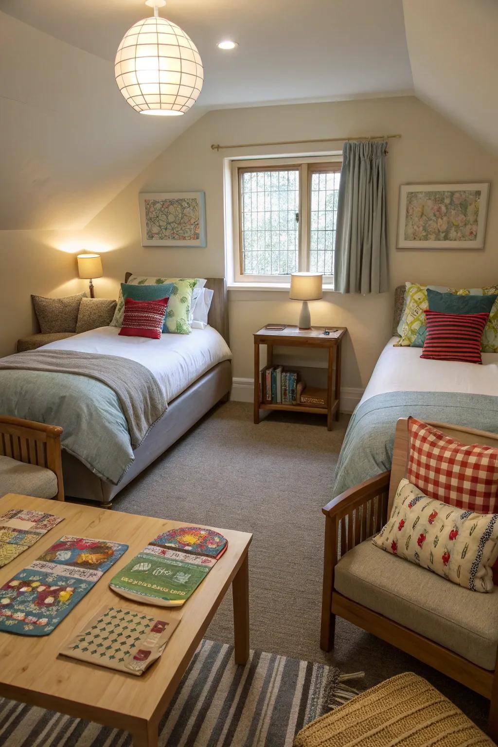 A shared seating space enhances interaction in the twin room.