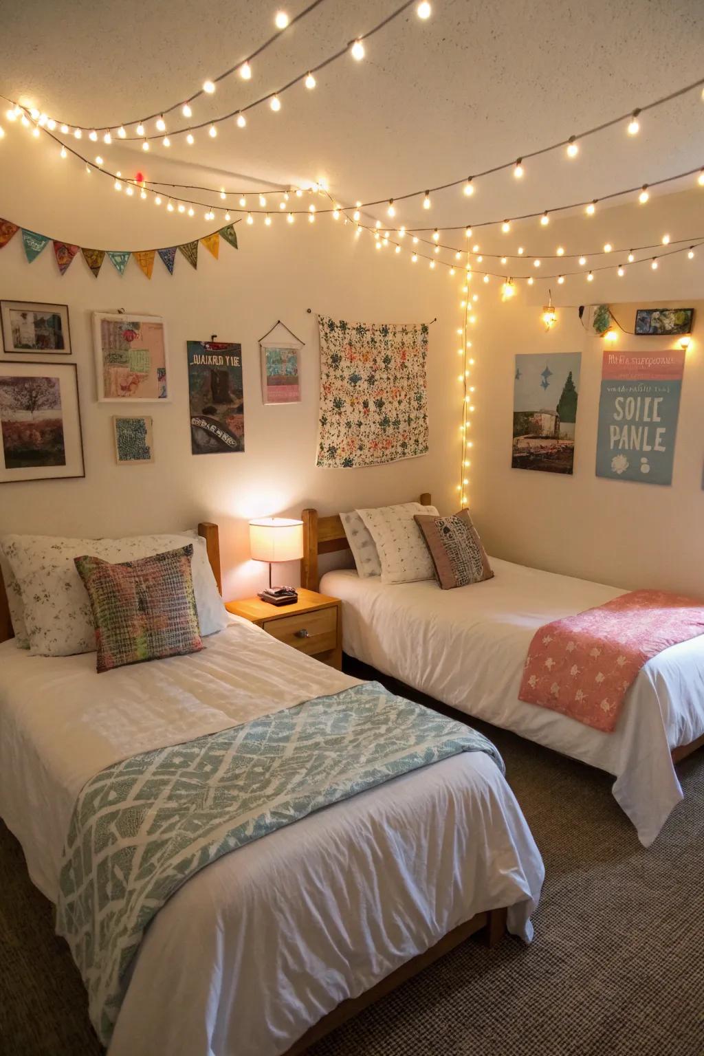 String lights add a magical and warm ambiance to the room.