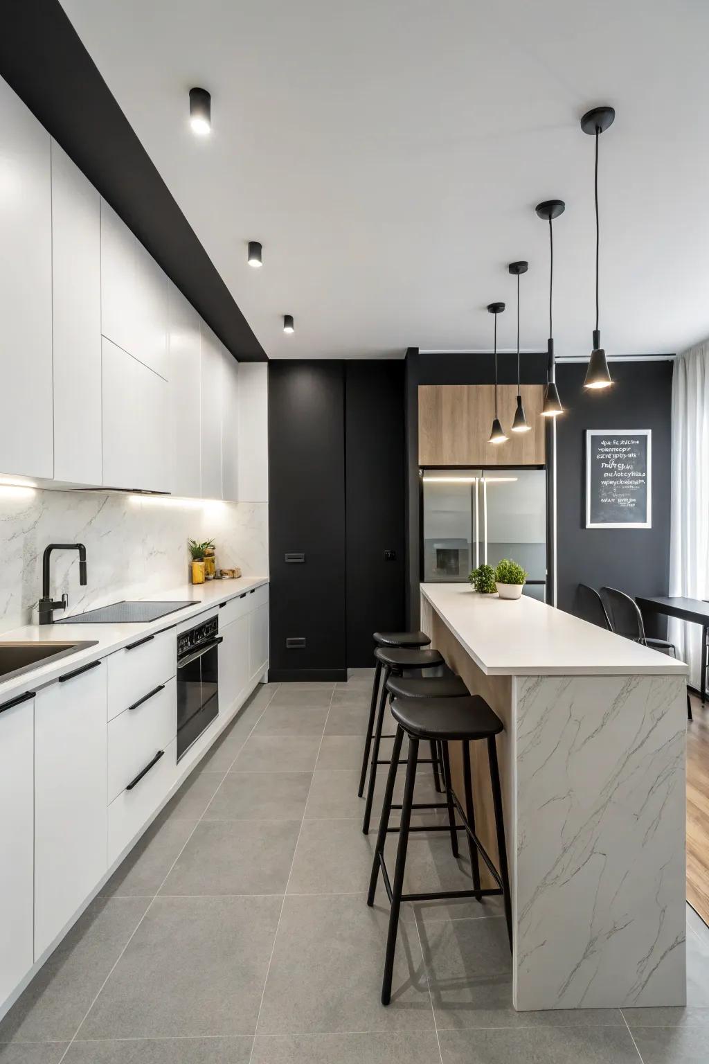 Minimalist kitchen with a timeless black and white wall design.
