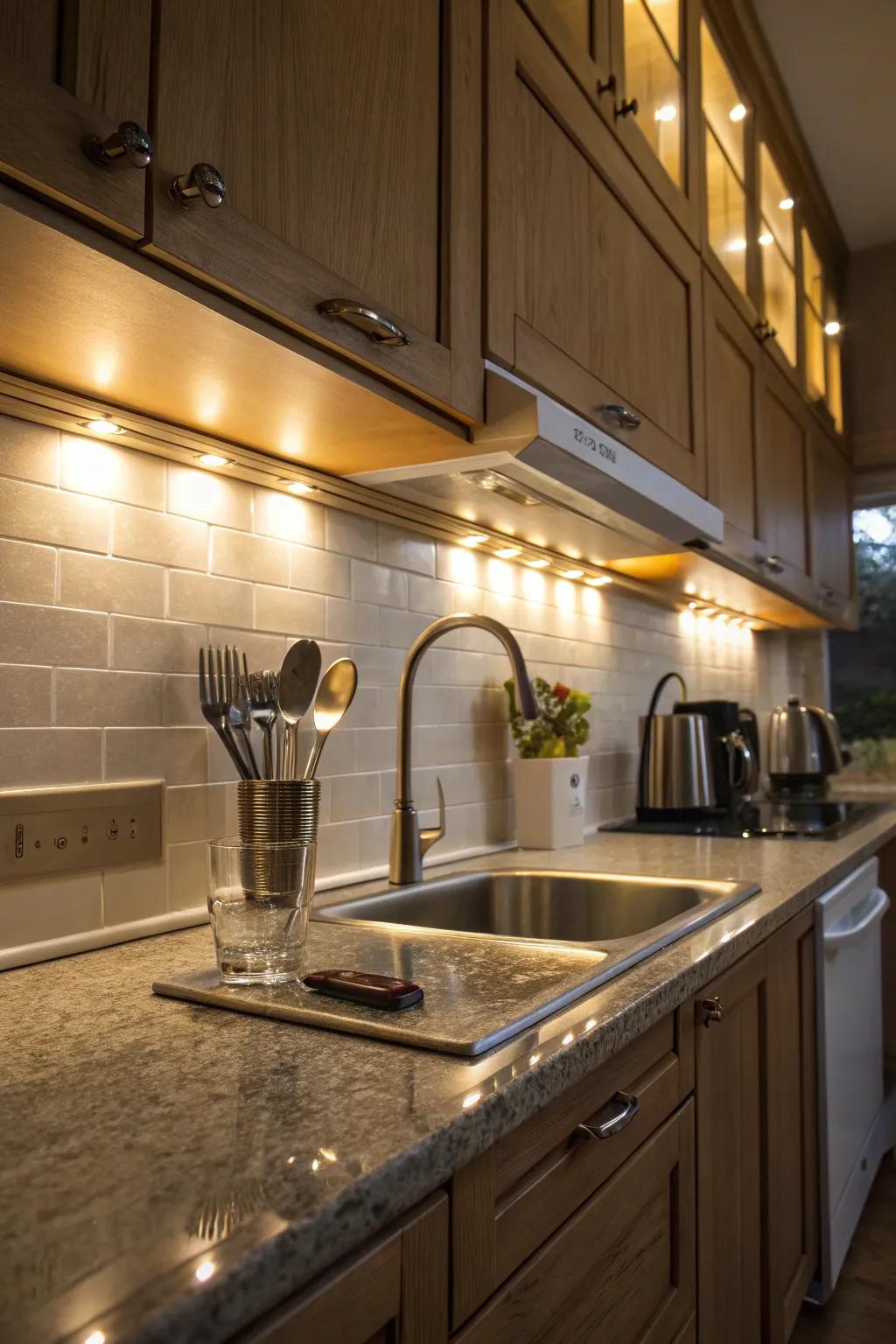 Motion sensor lights enhance convenience and efficiency in the kitchen.