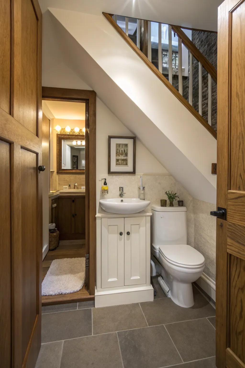 An under-stair bathroom featuring a concealed doorway that blends with the decor.