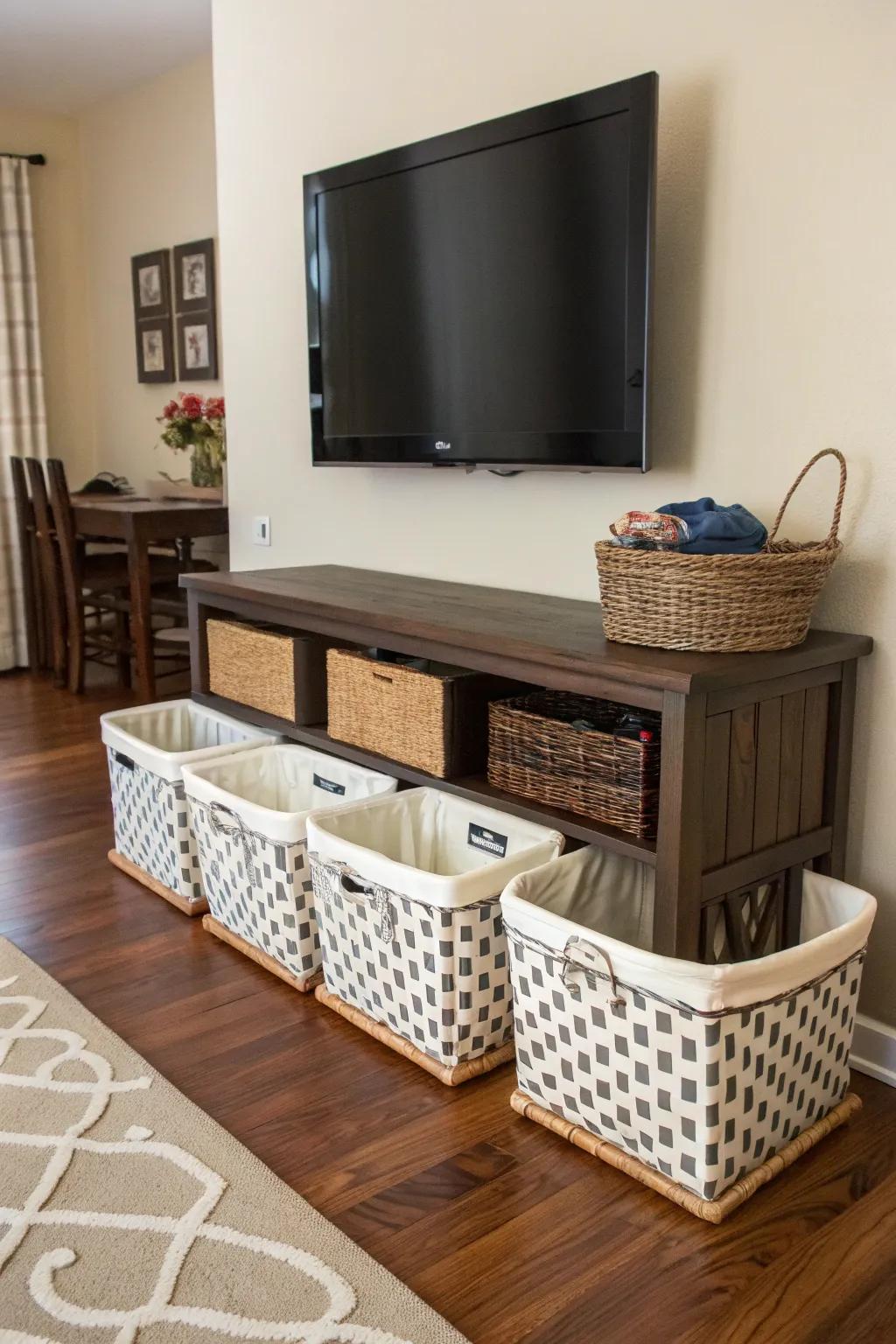 Storage baskets under your TV offer a stylish way to hide clutter.