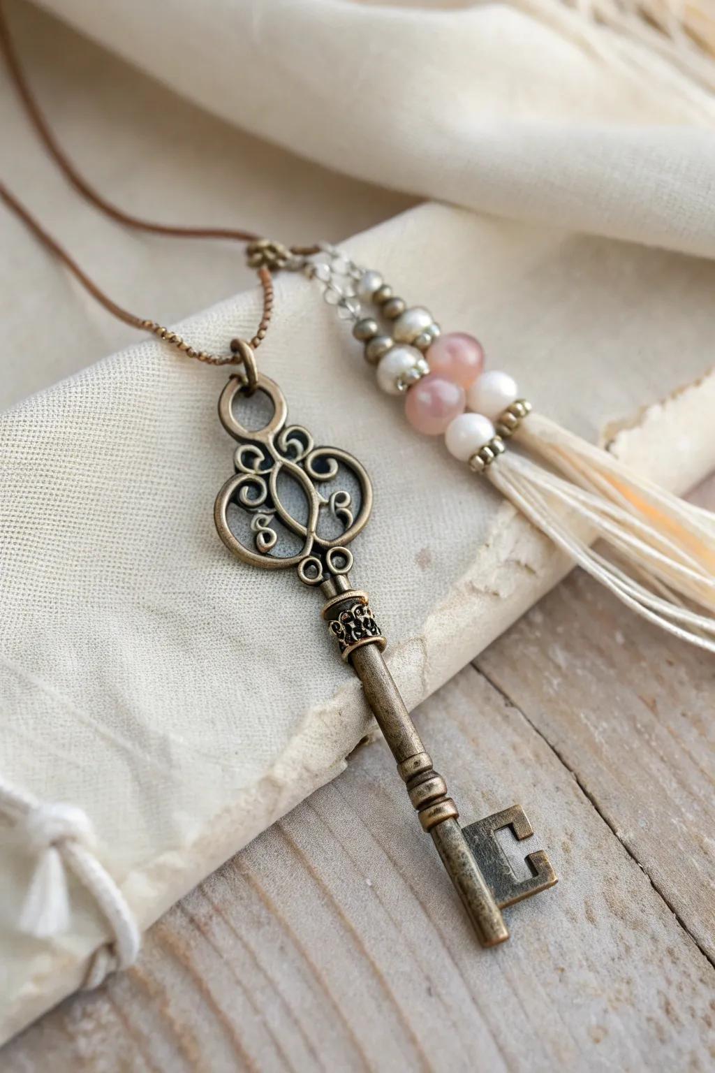Unlock the allure of repurposing with a whimsically vintage key pendant.
