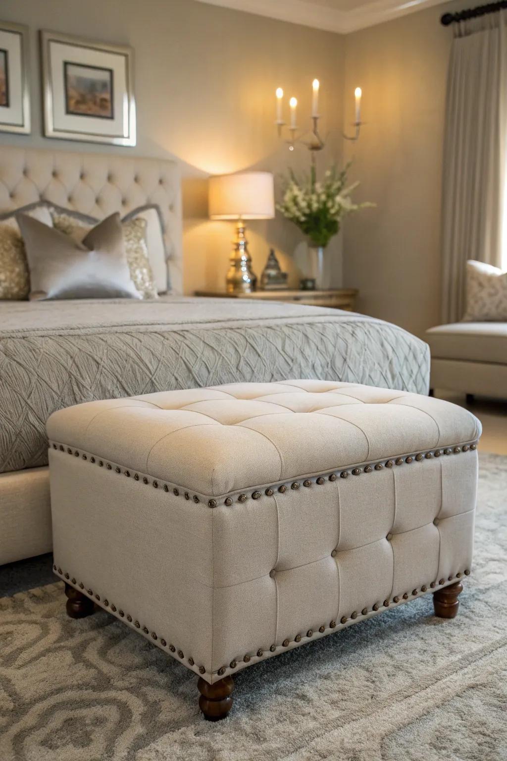 A fabric ottoman brings function and style.