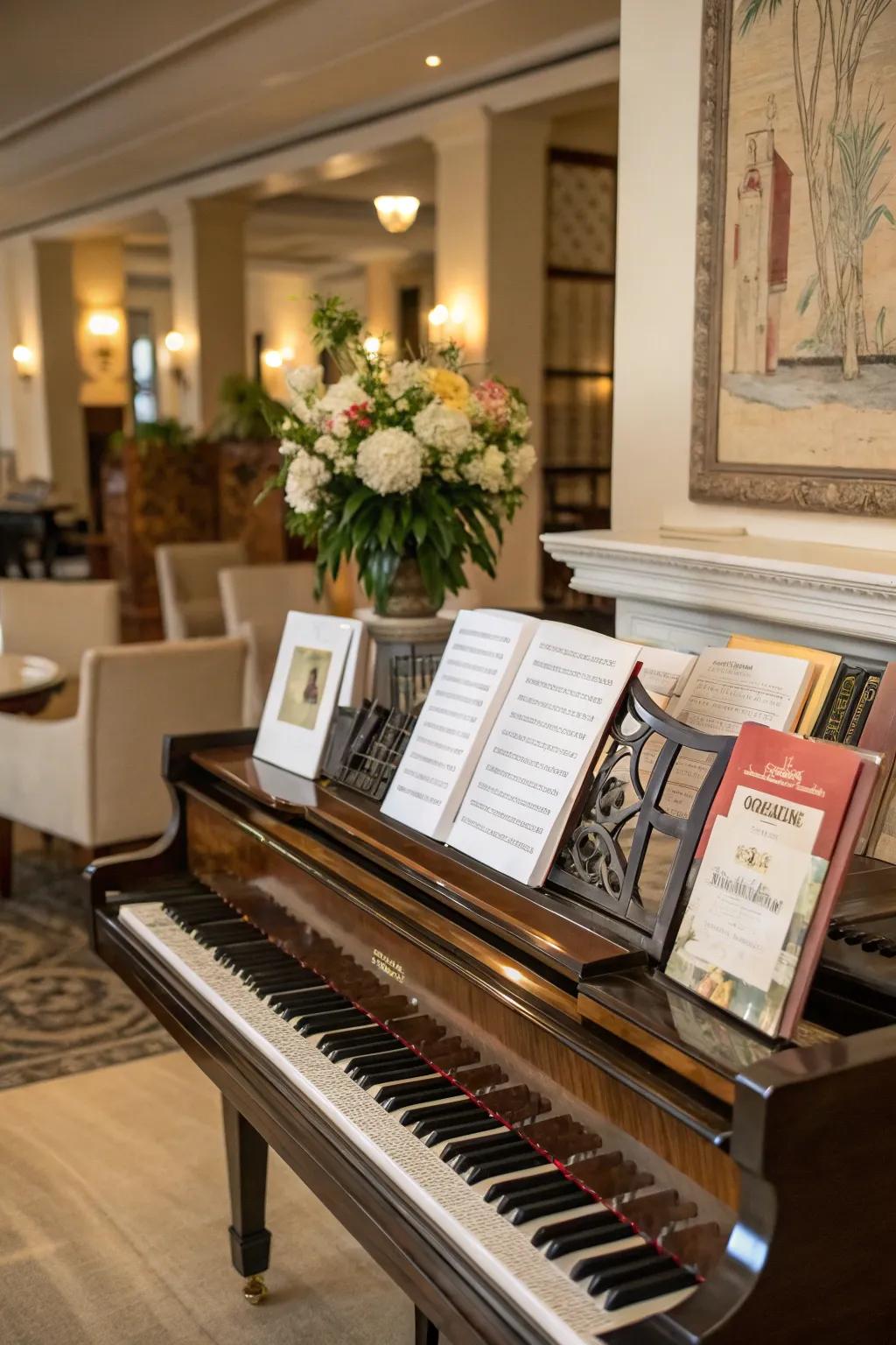 An exquisite setting featuring an upright piano and neatly organized books and sheet music.