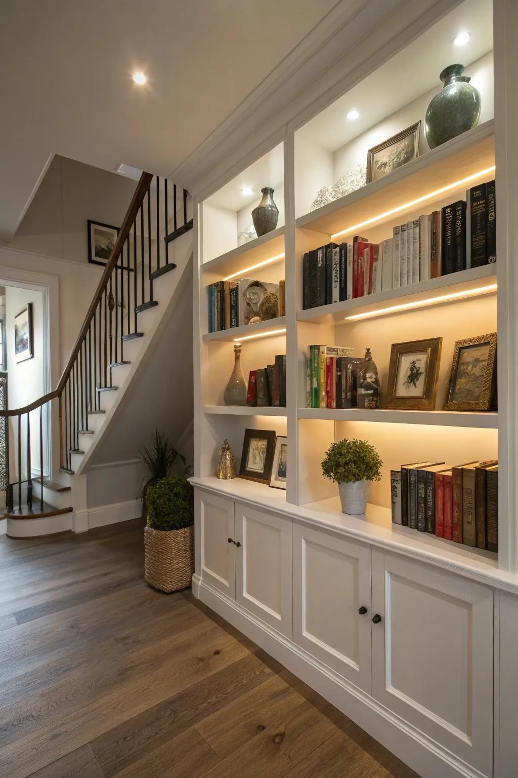 Built-in shelves on the landing provide display space and storage solutions.