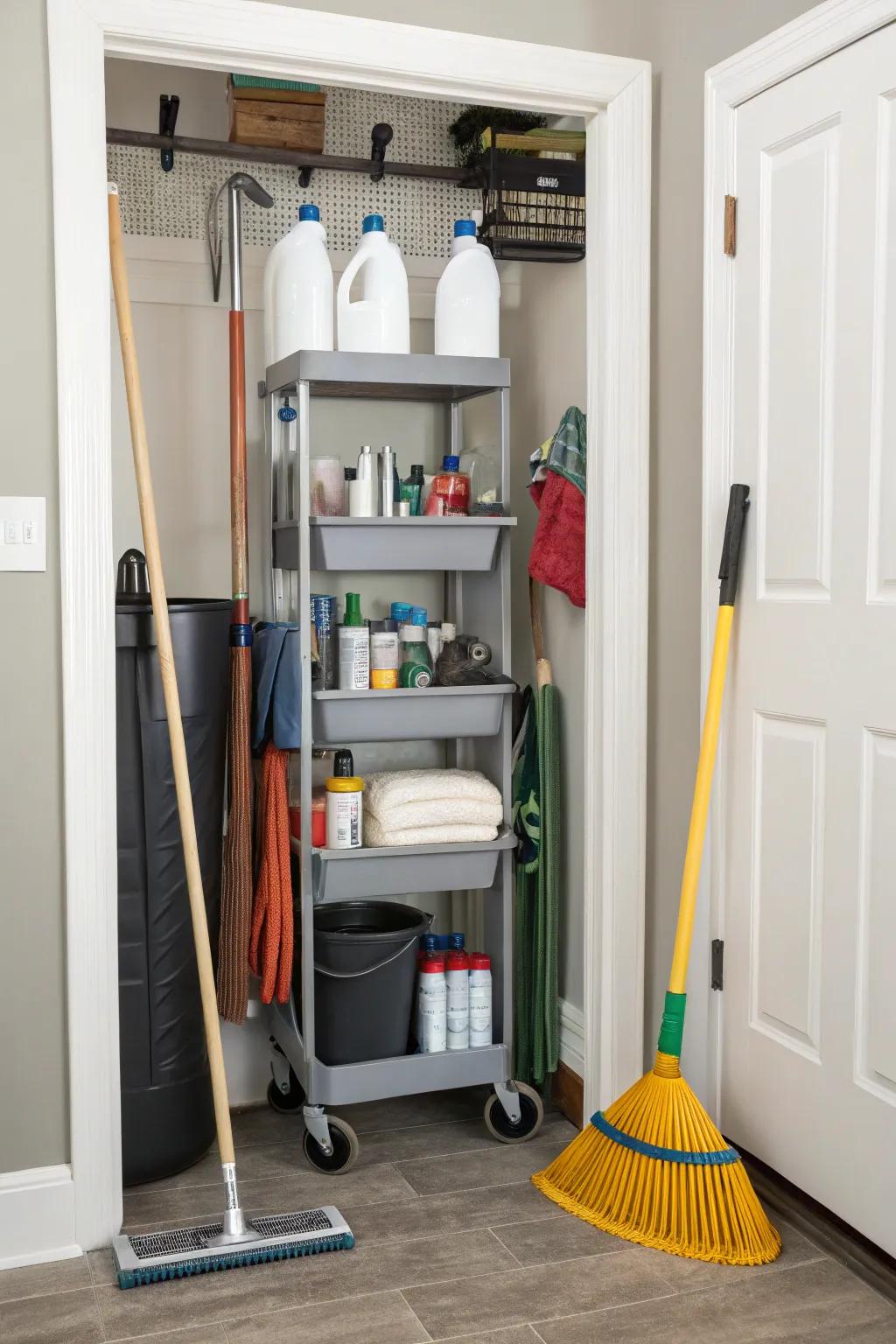 A cart that rolls makes it easy to get to things you use often.