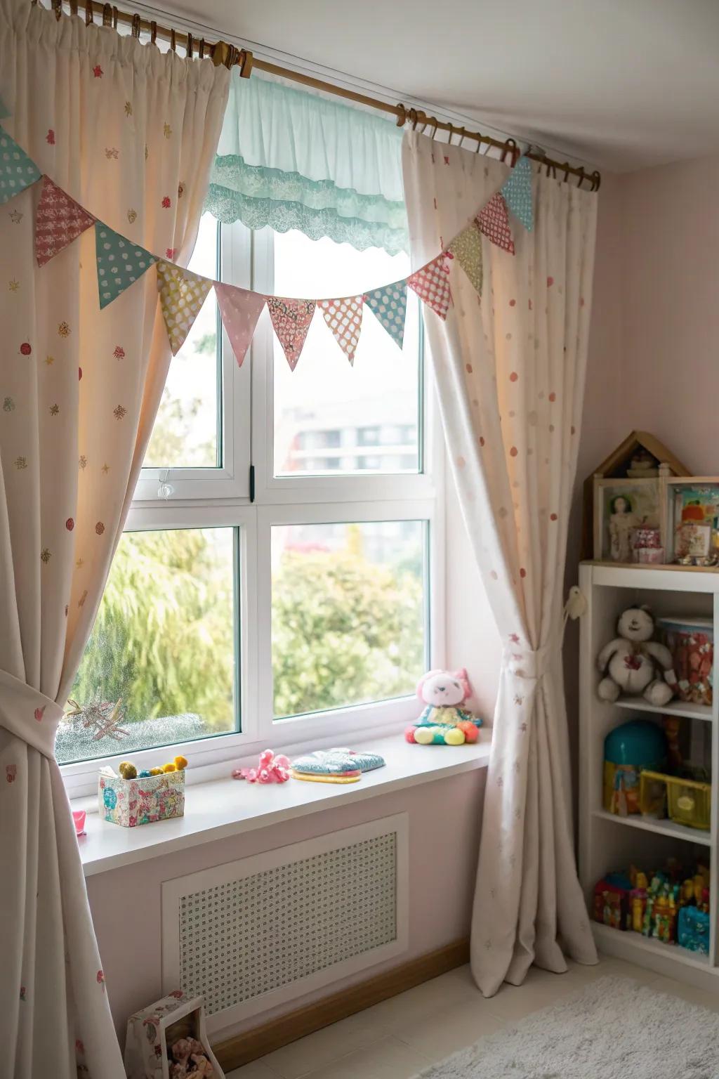 A window featuring a wavelike-formed treatment in a playful nursery.