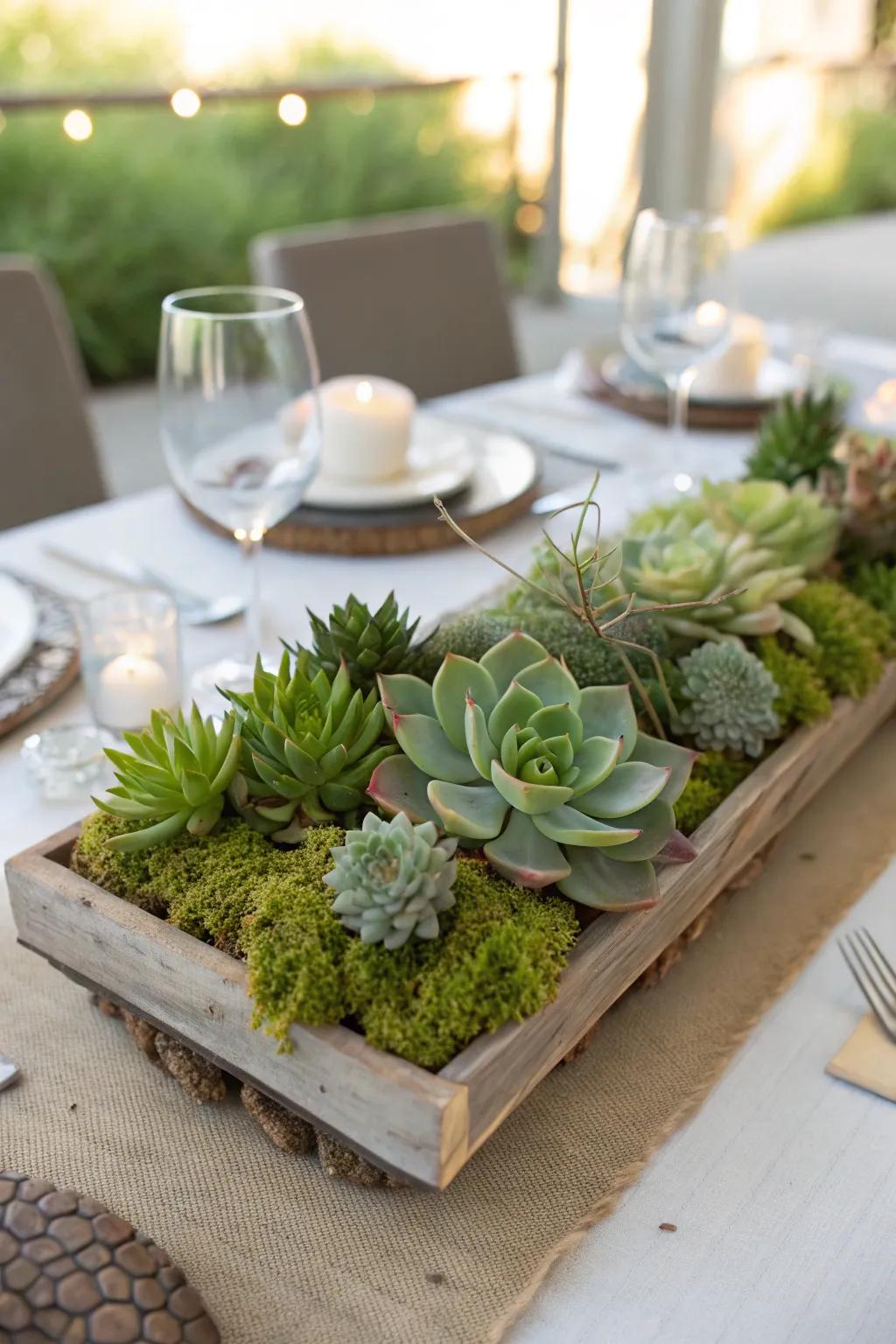 Succulents and moss lend a natural touch of grace to the table.