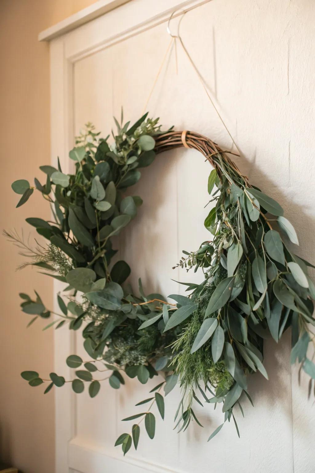 Embrace simplicity through this elegant eucalyptus wreath, ideal for a hint of natural charm in your home d&eacute;cor.