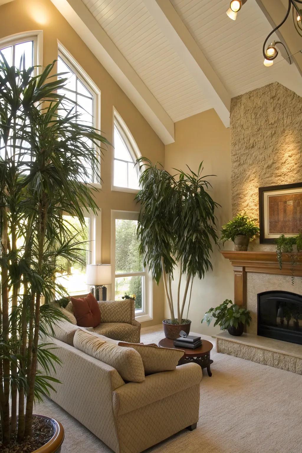 A family room showcasing a vaulted ceiling, embellished by verdant foliage accentuating the wall's aesthetic