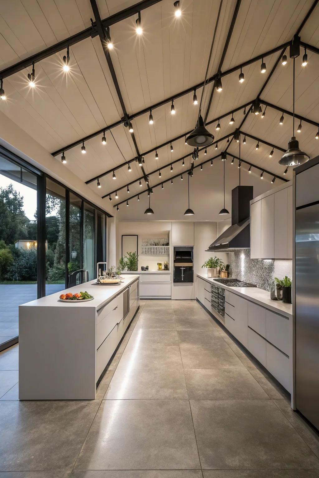 Track lighting provides adjustable illumination for targeted lighting.