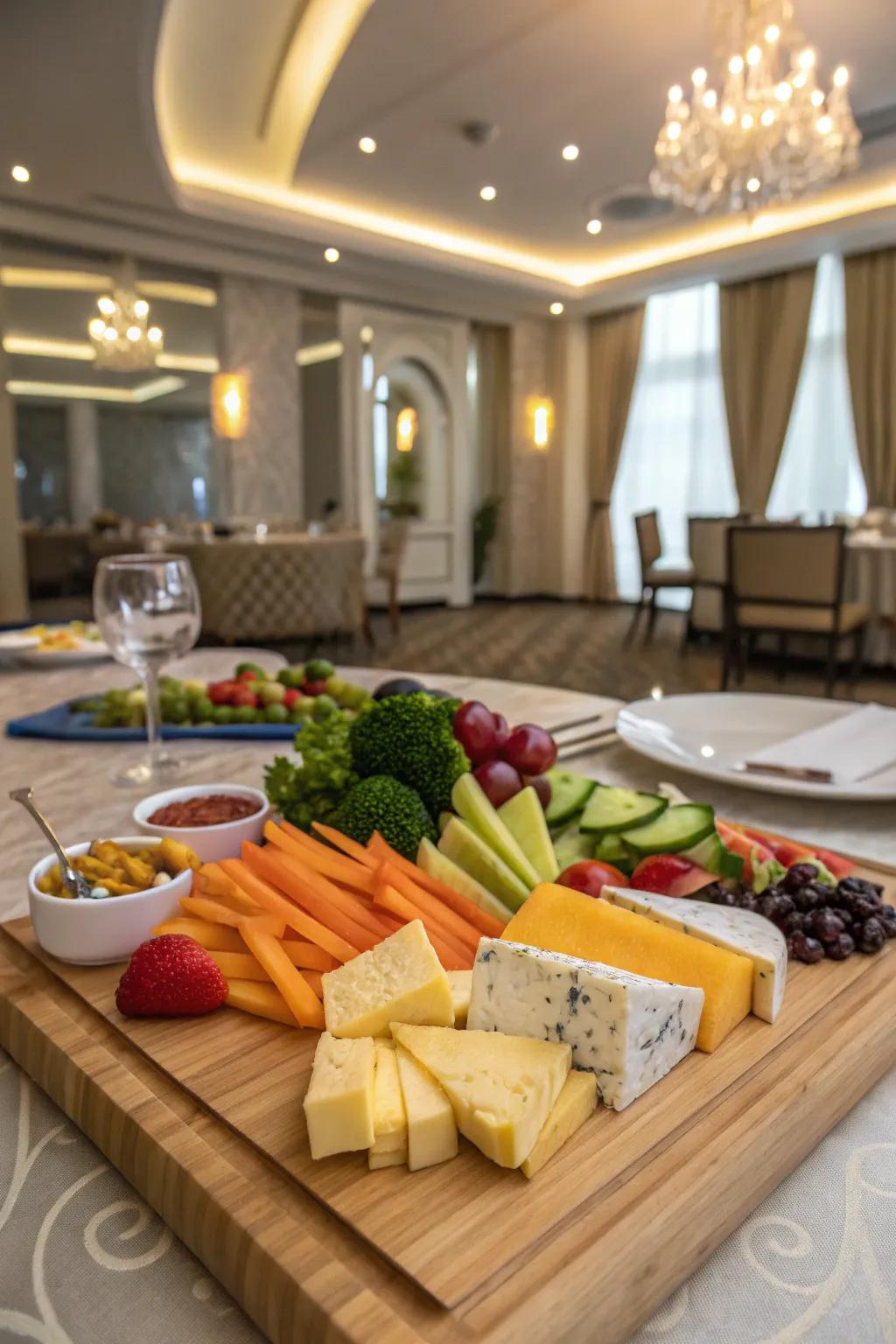 Vegetable tray paired with a variety of cheeses.