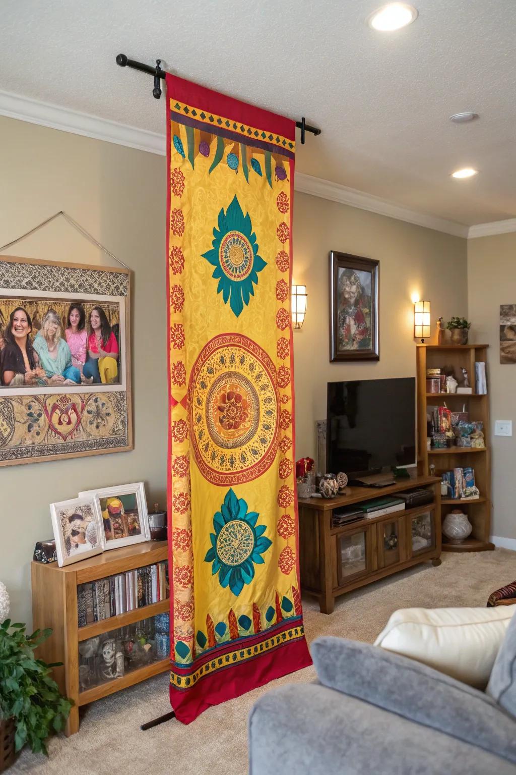 Traditional patterns on a vertical banner enrich a family space with depth and personality.