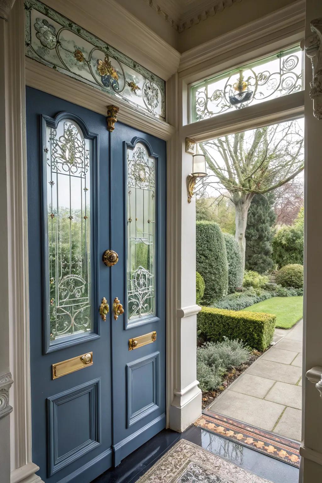Glass accents enhance the visual intrigue of this Victorian door.