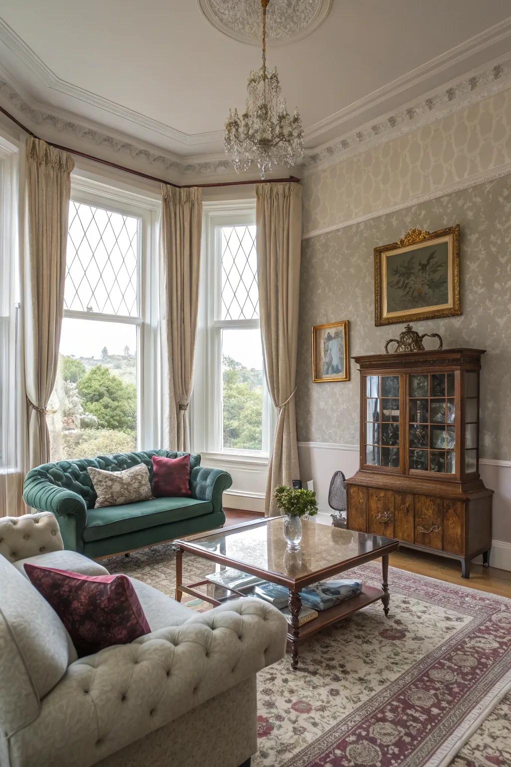 A blend of modern and traditional pieces creates a dynamic living space.