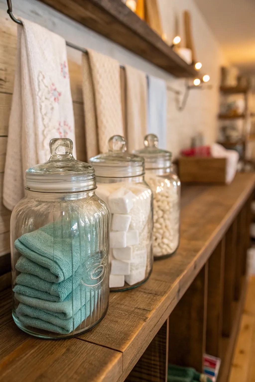 Crystal vessels combining both style and utility to the laundry space.