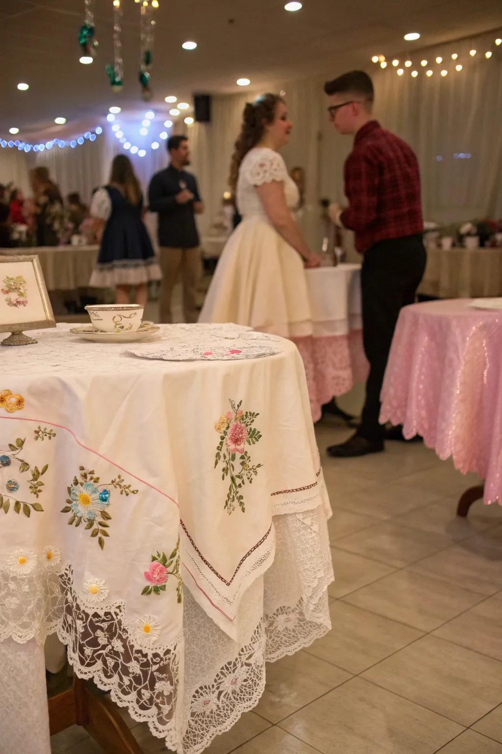 Charming antique tablecloths adding elegance to the table setting.