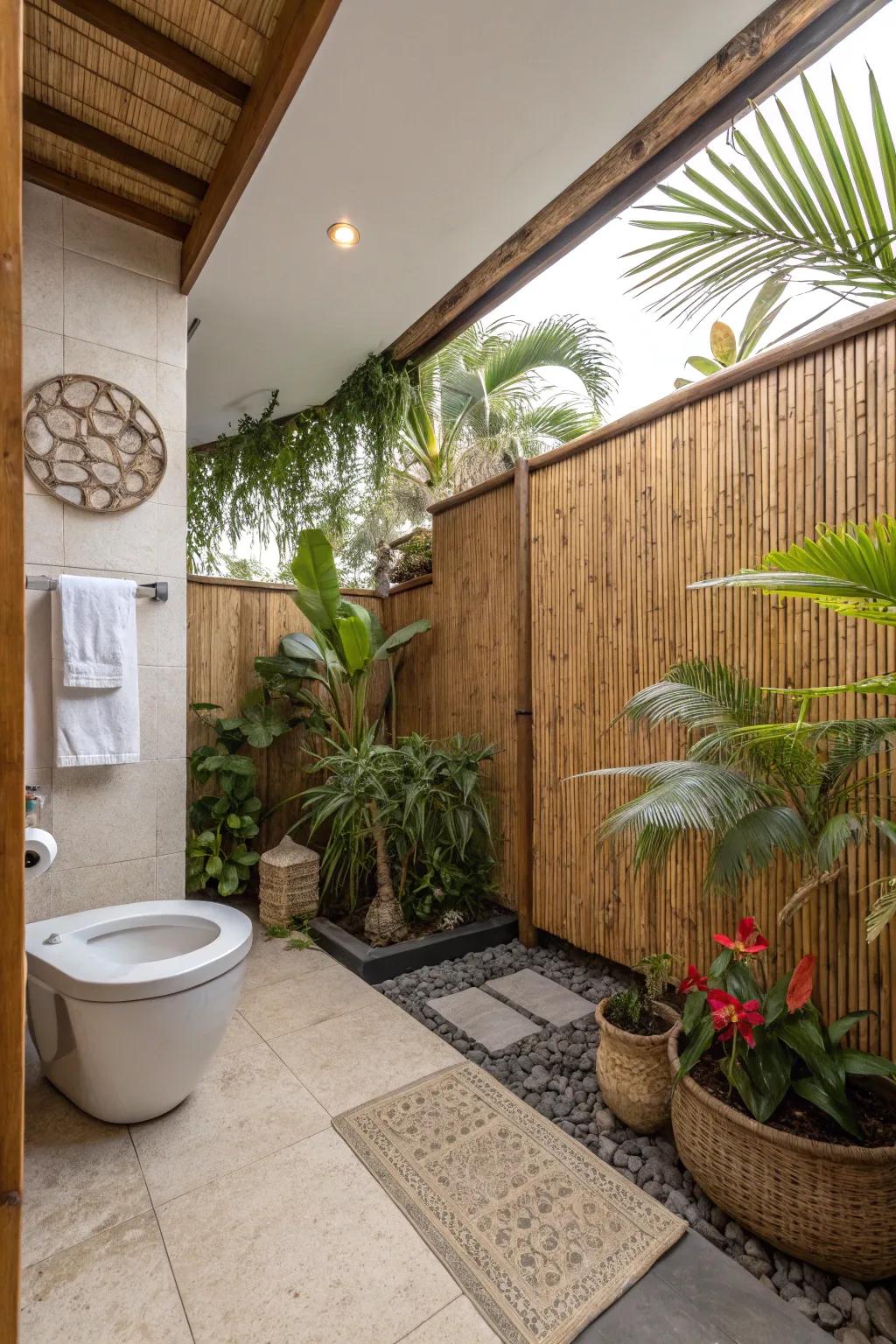 Bamboo wainscoting generates a tropical paradise in your washroom.