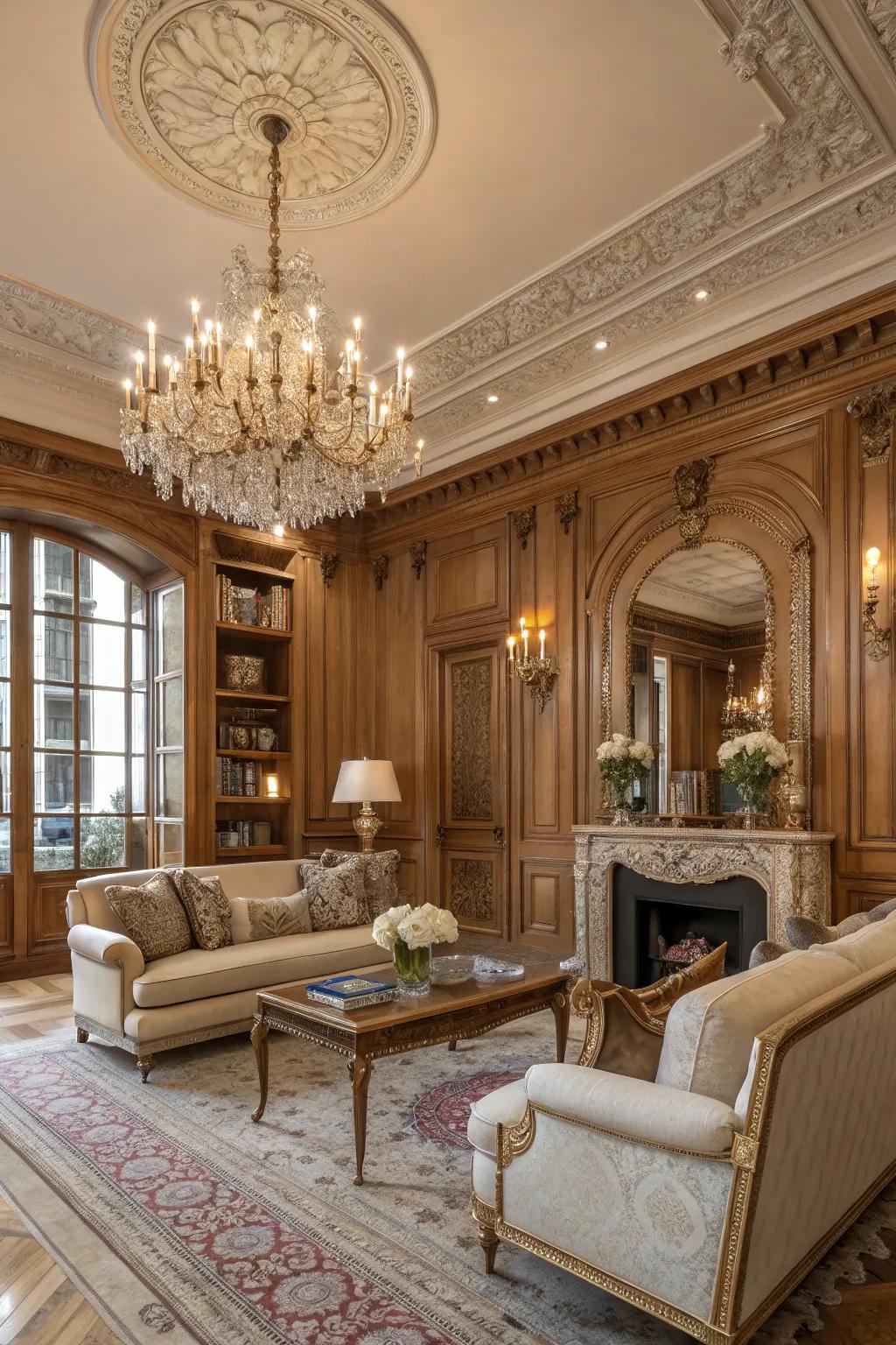 Enjoy extravagance with French wall paneling.