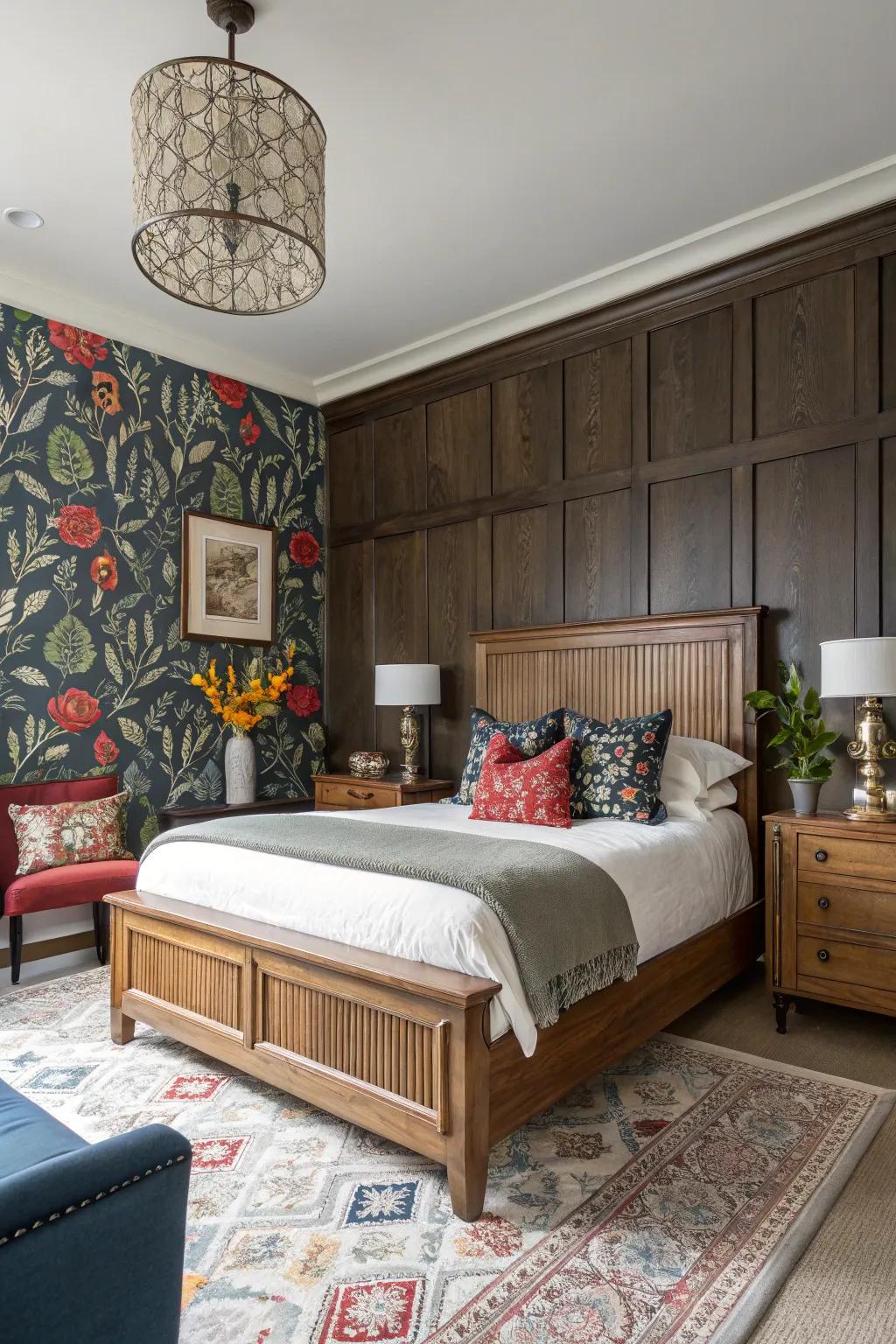 Paneling and vibrant wall covering create a varied and personalized location.
