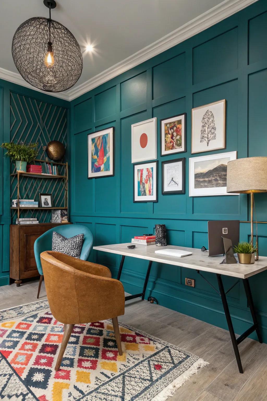 An office space with daring, vibrant teal wainscoting.