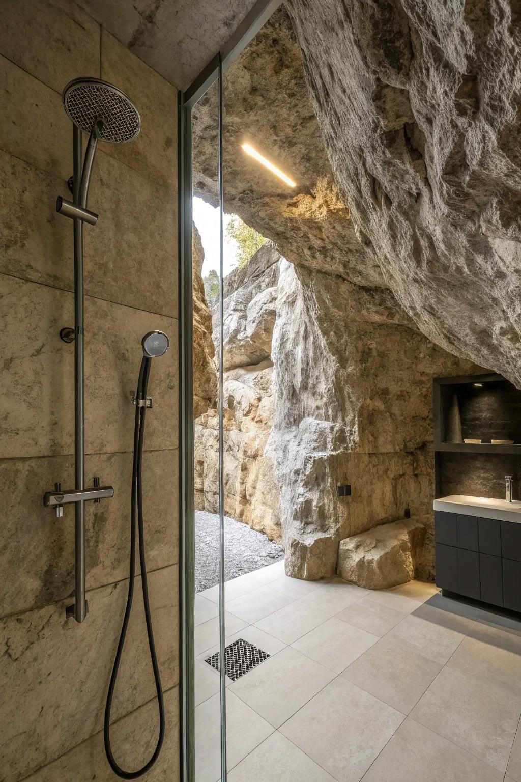 Cavern bathing area displaying cutting-edge fixtures and rock walls.
