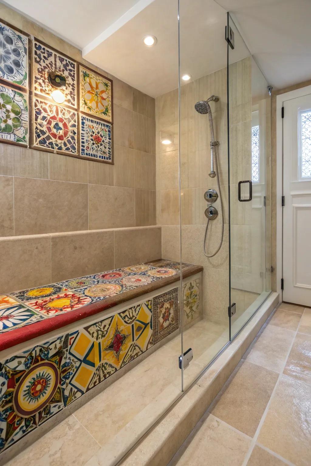 An artistic tile bench serves as an eye-catching focal point in the walk-in shower.