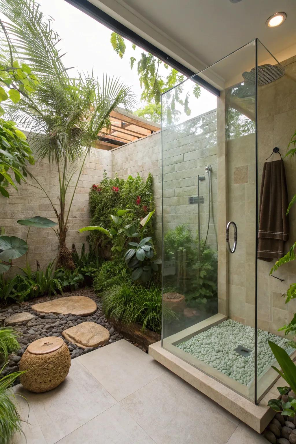 Abundant greenery adds a natural flair to this walk-in shower.