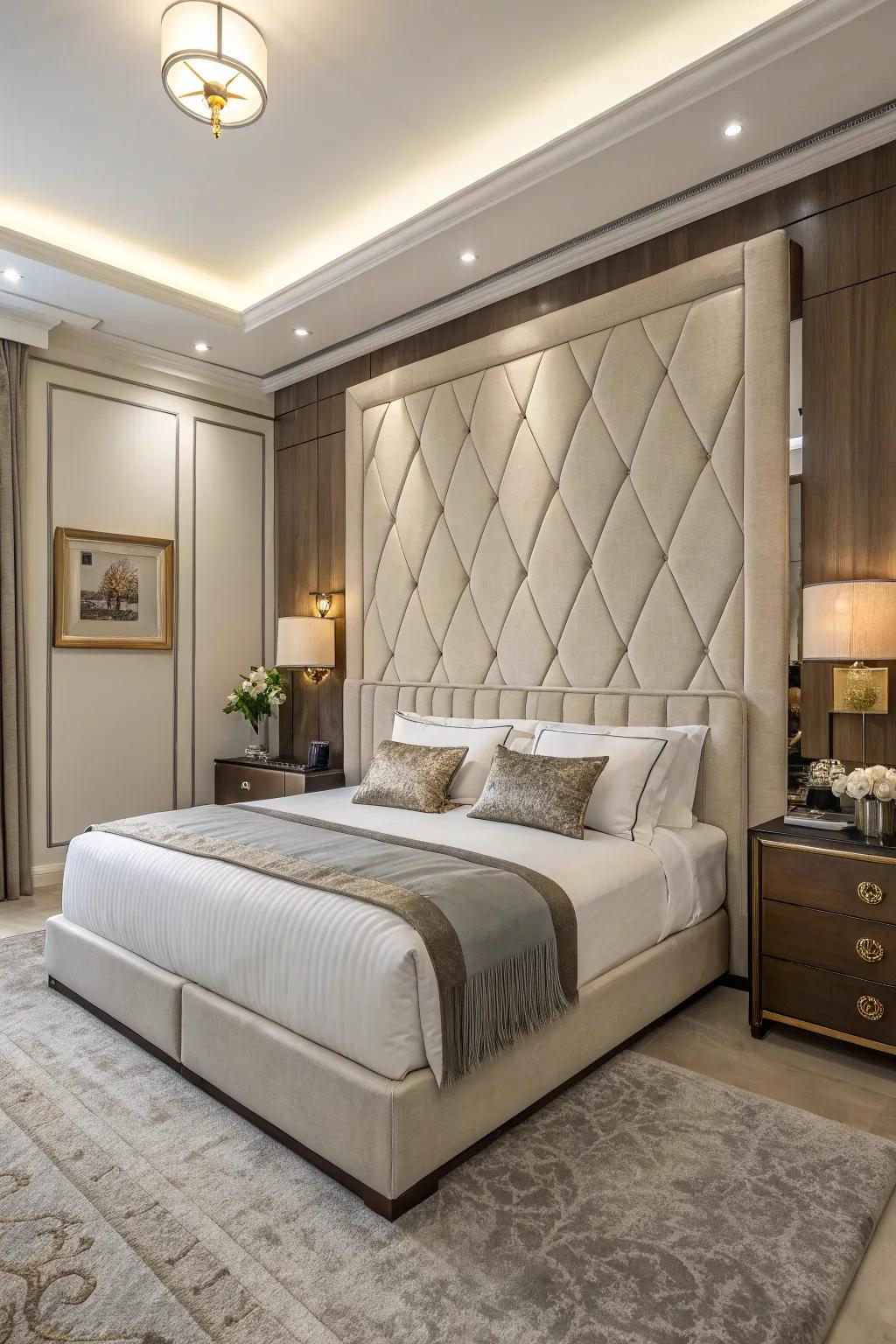 An extended headboard adds grandeur to the bedroom.