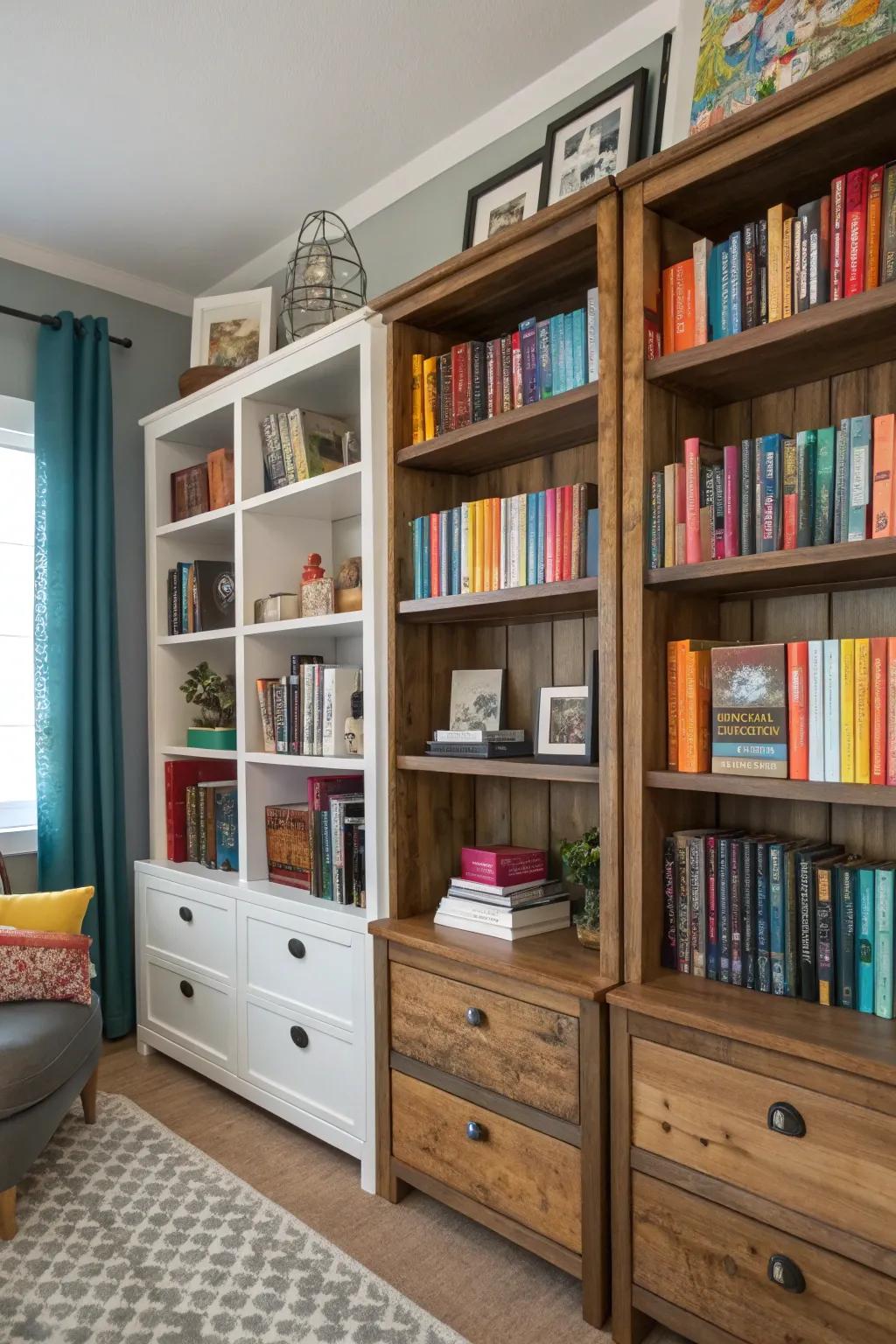 Eclectic bookshelves showcase your unique personality and style through a curated mix of design elements.