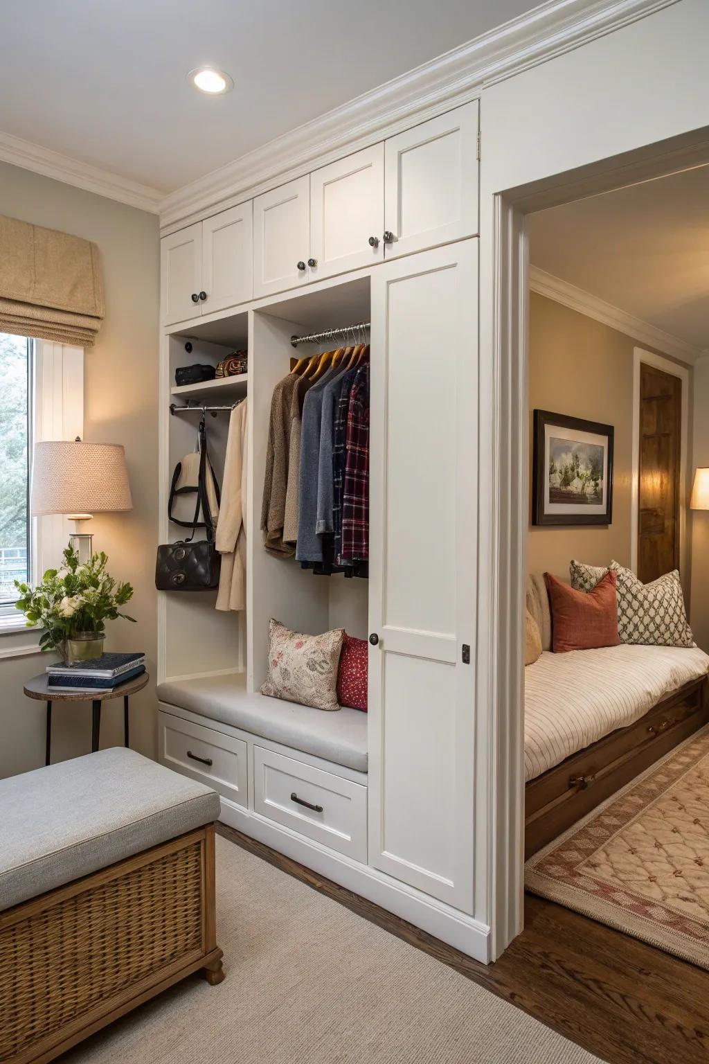 A seating area in a wall closet adds comfort and convenience.