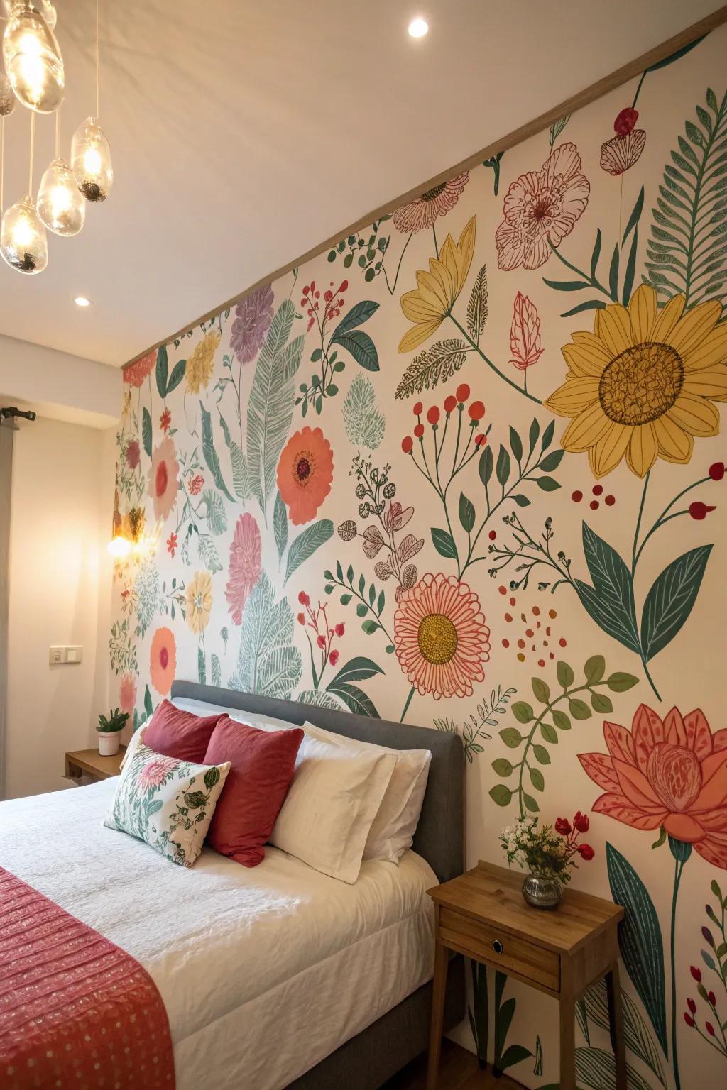 A floral mural acts as a captivating focal point.