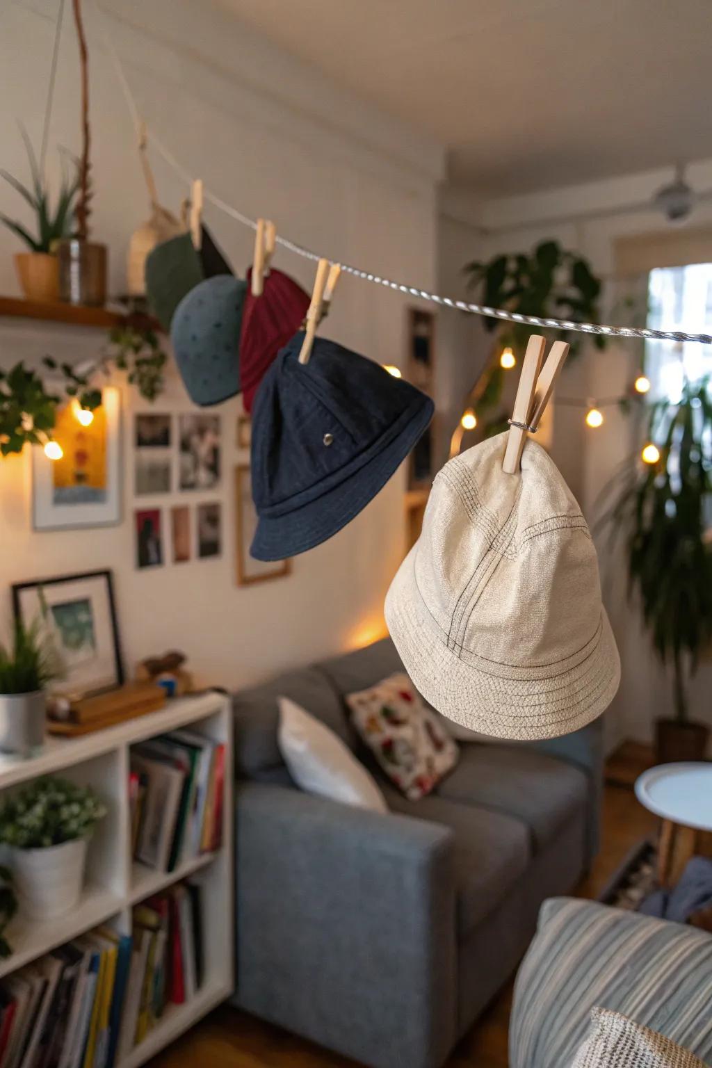 An informal headwear exhibit employing a strand and gripping clips.