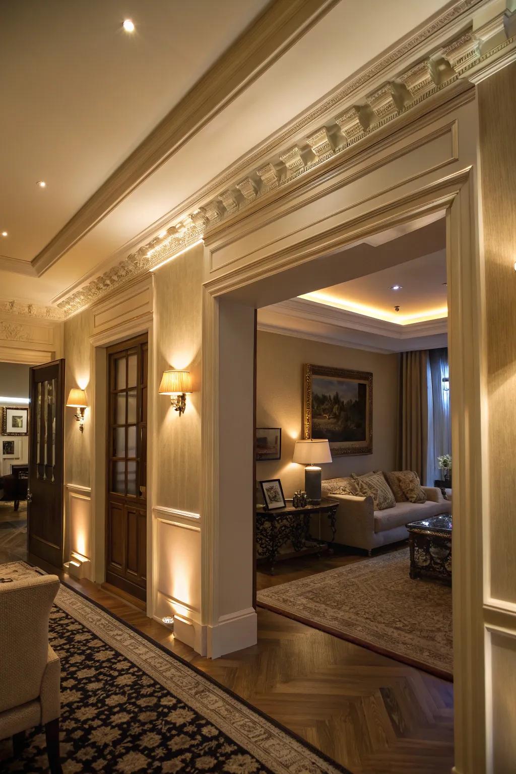 Enhance ambiance with integrated lighting in moldings.