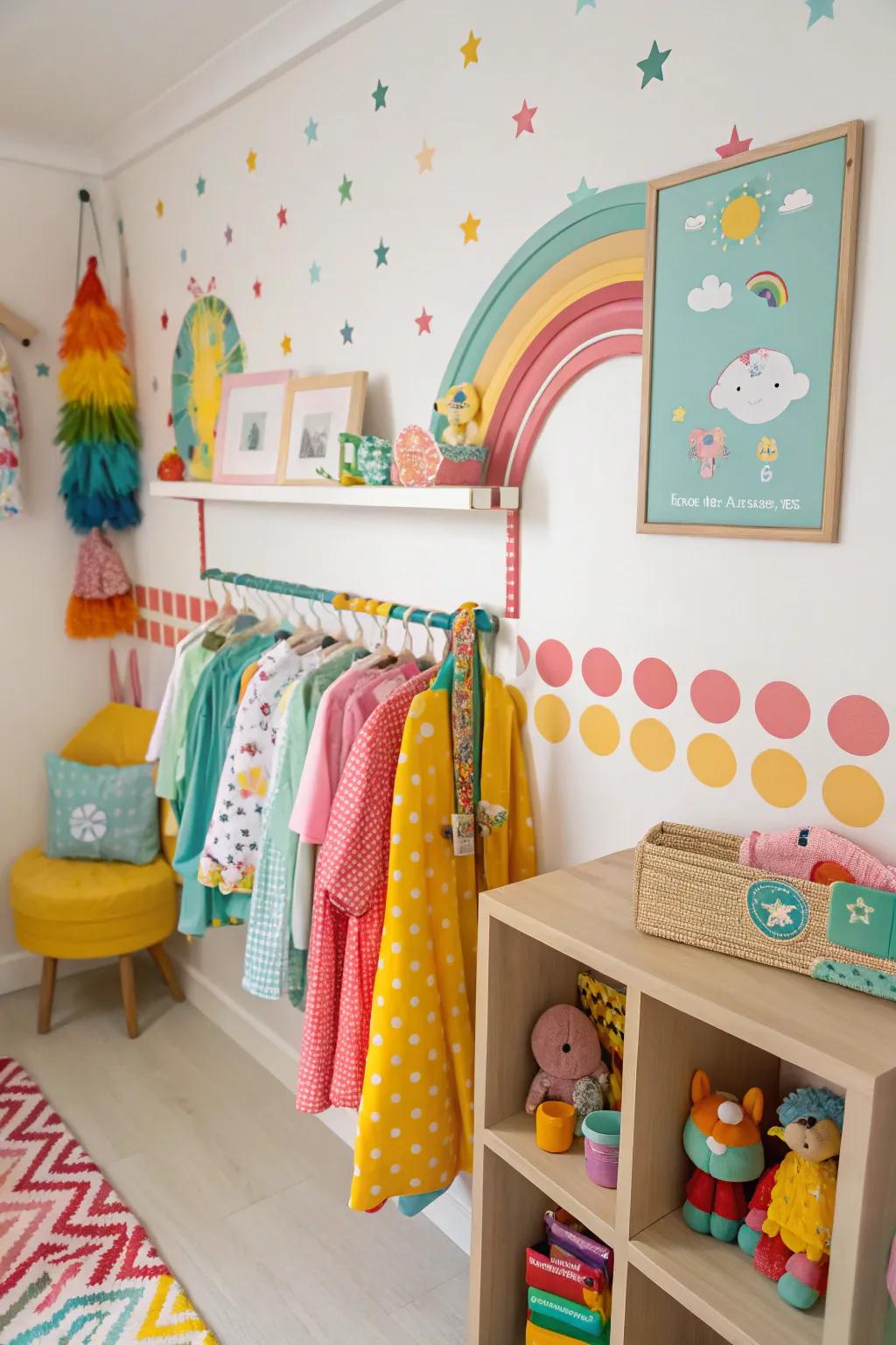 A child's room showcasing a brightly colored wall-mounted clothing rack.