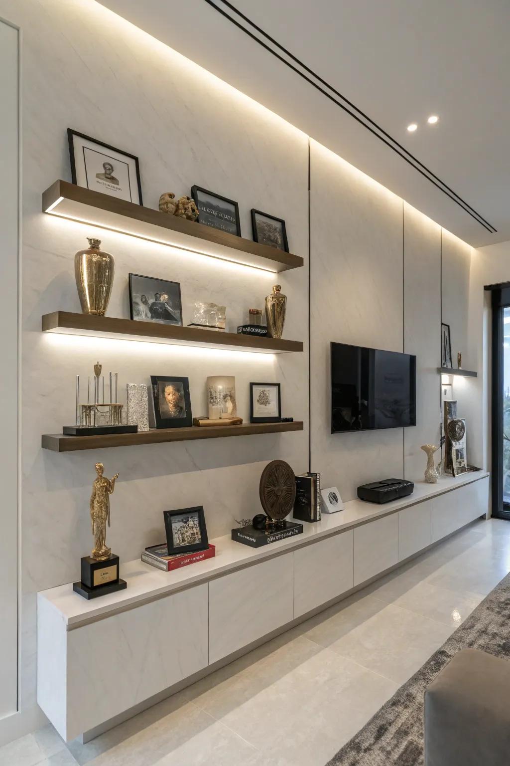 Minimalist floating shelves for a modern wall of fame.