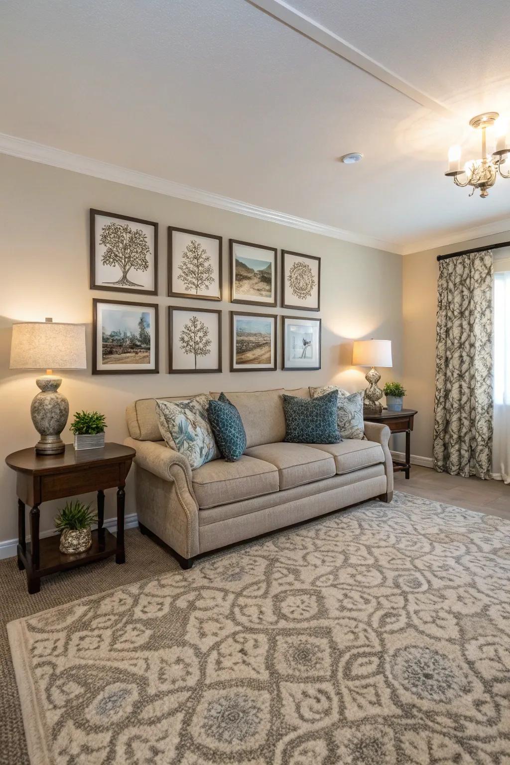 Artwork and carpets can harmoniously blend to elevate your decor.
