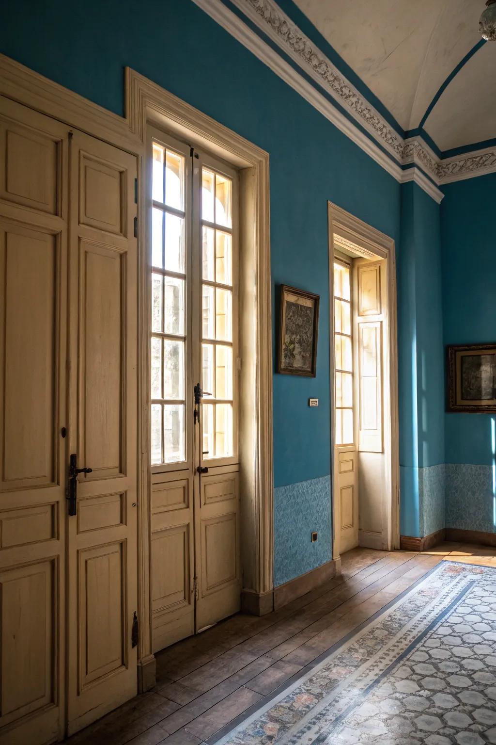 Create striking contrast with light-colored doors and windows against warm blue walls.