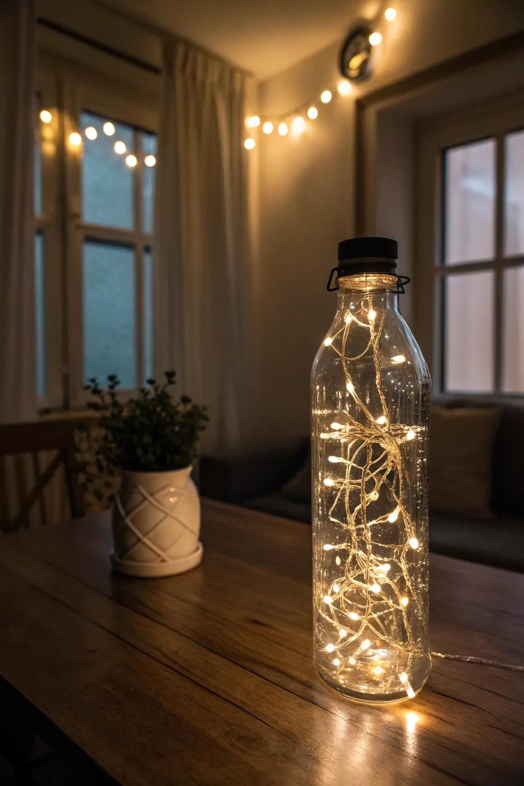 A hydration container brimming with warm filament lights, emitting an enchanting radiance.