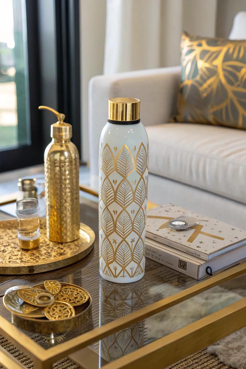 Refined hydration bottle artistry with metallic accents.