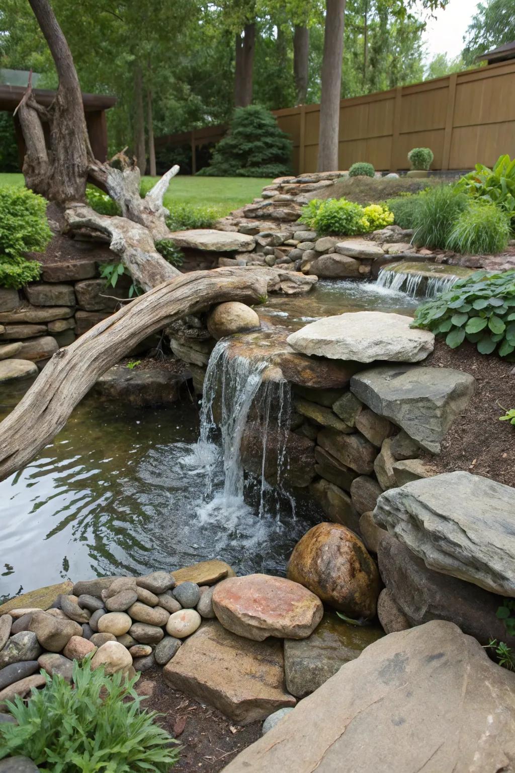 A rustic garden cascade showcasing driftwood and stones for a spontaneous vista.
