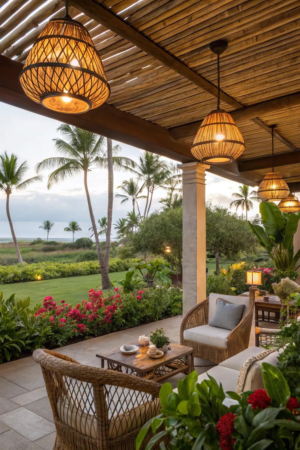 Bamboo lights enrich the tropical vibe of your outdoor space.