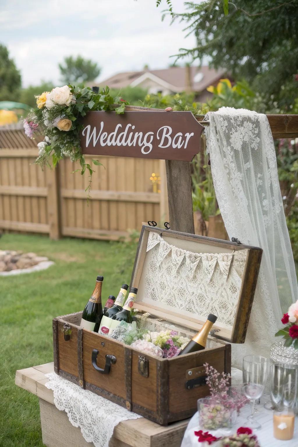 A vintage trunk bar design has a nostalgic sign.
