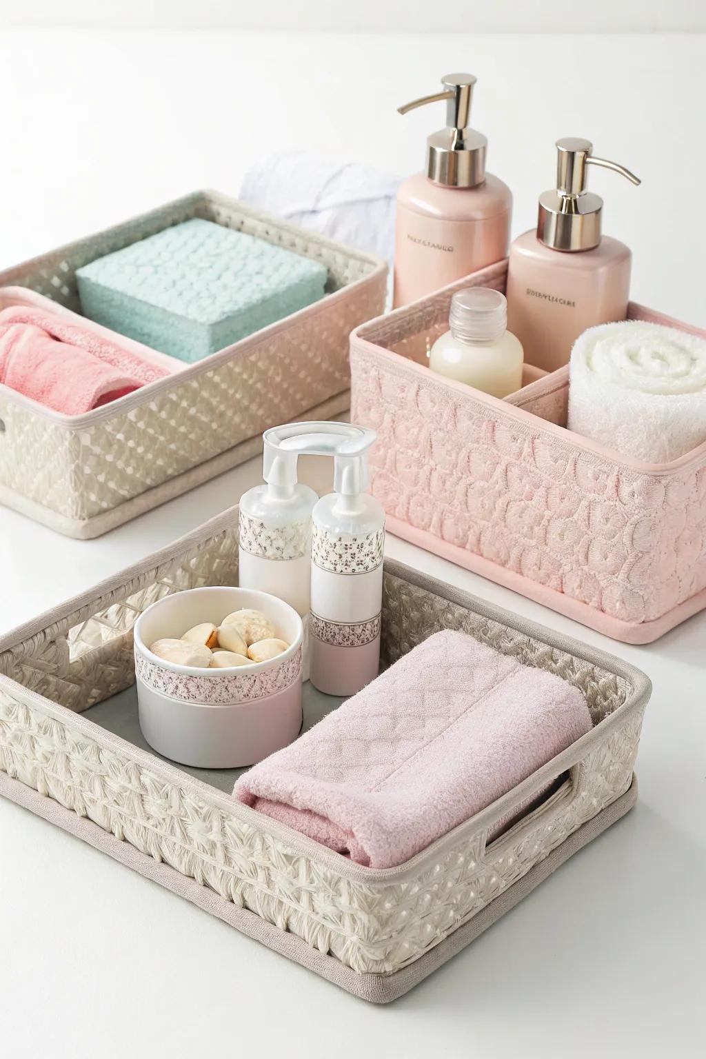 Stylish containers add a touch of sophistication to the arrangement.