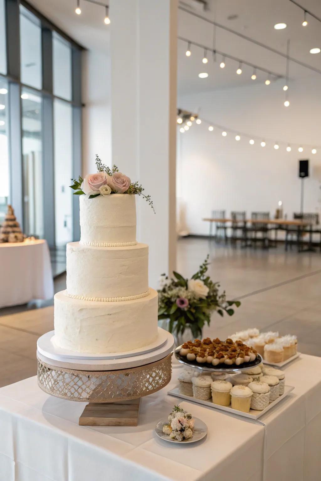 A sleek, contemporary wedding cake showcase with minimalist charm.