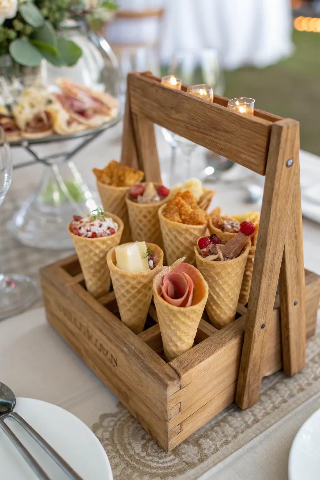 Mini charcuterie cones offer a playful and convenient option.