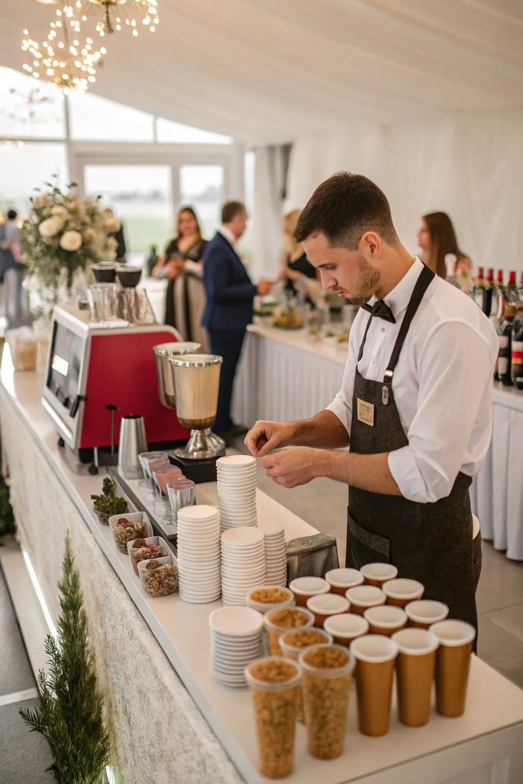 A participatory barista engagement at a wedding coffee station.