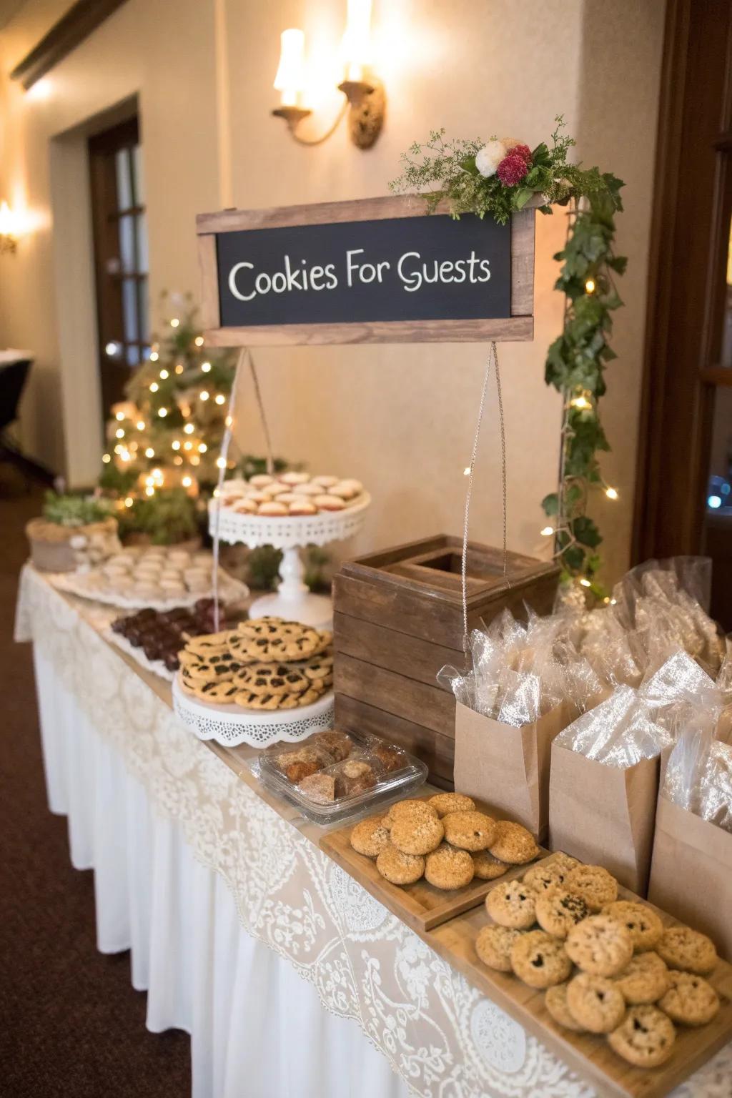 Departure kits at a wedding cookie layout offer guests a sweet takeaway.